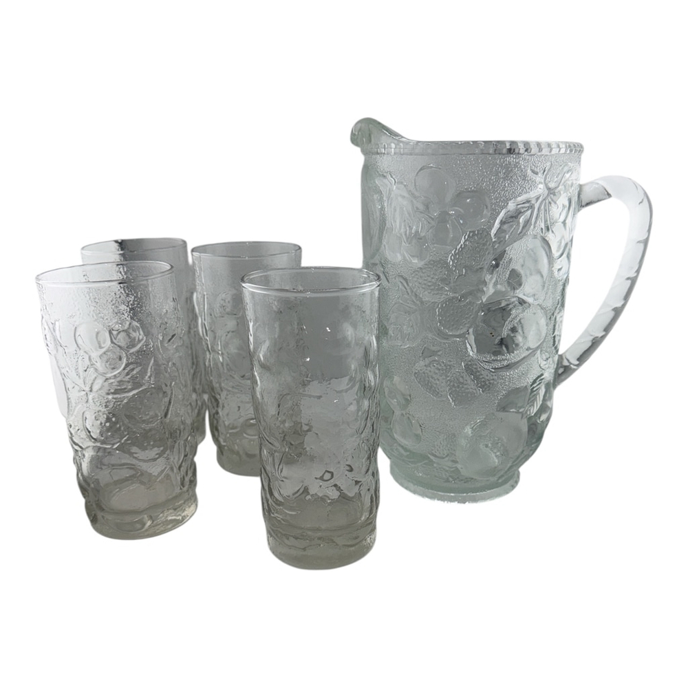 Vintage Embossed Fruit Glass Pitcher and Drinking Glasses set